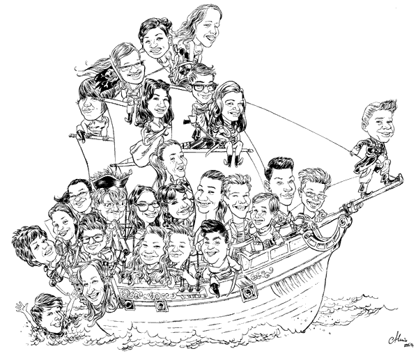 Eine ganze Klasse bestieg ein Piratenschiff (Tuche auf Papier).